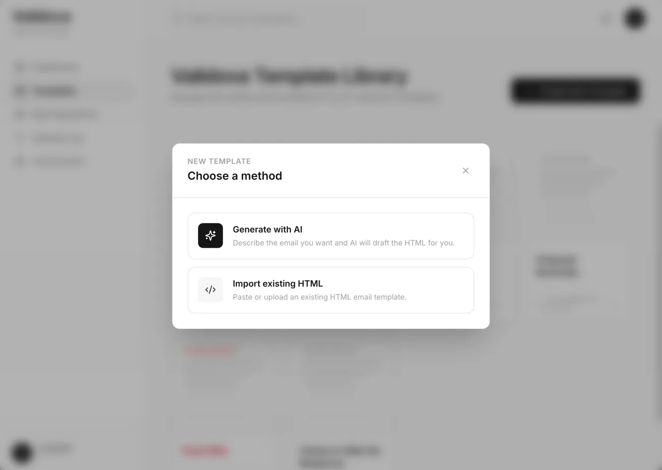 New template dialog with options to generate with AI or import an existing design