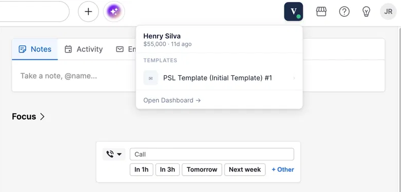Pipedrive CRM with Validova widget showing deal context and template selection