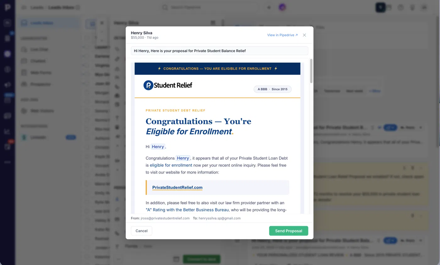 Proposal preview in Pipedrive showing the finished email before sending